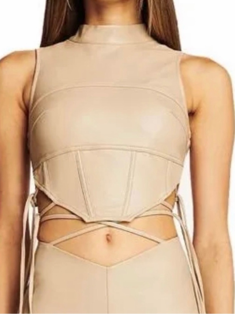 I.AM.GIA Beige Faux-Leather Corset Crop Top